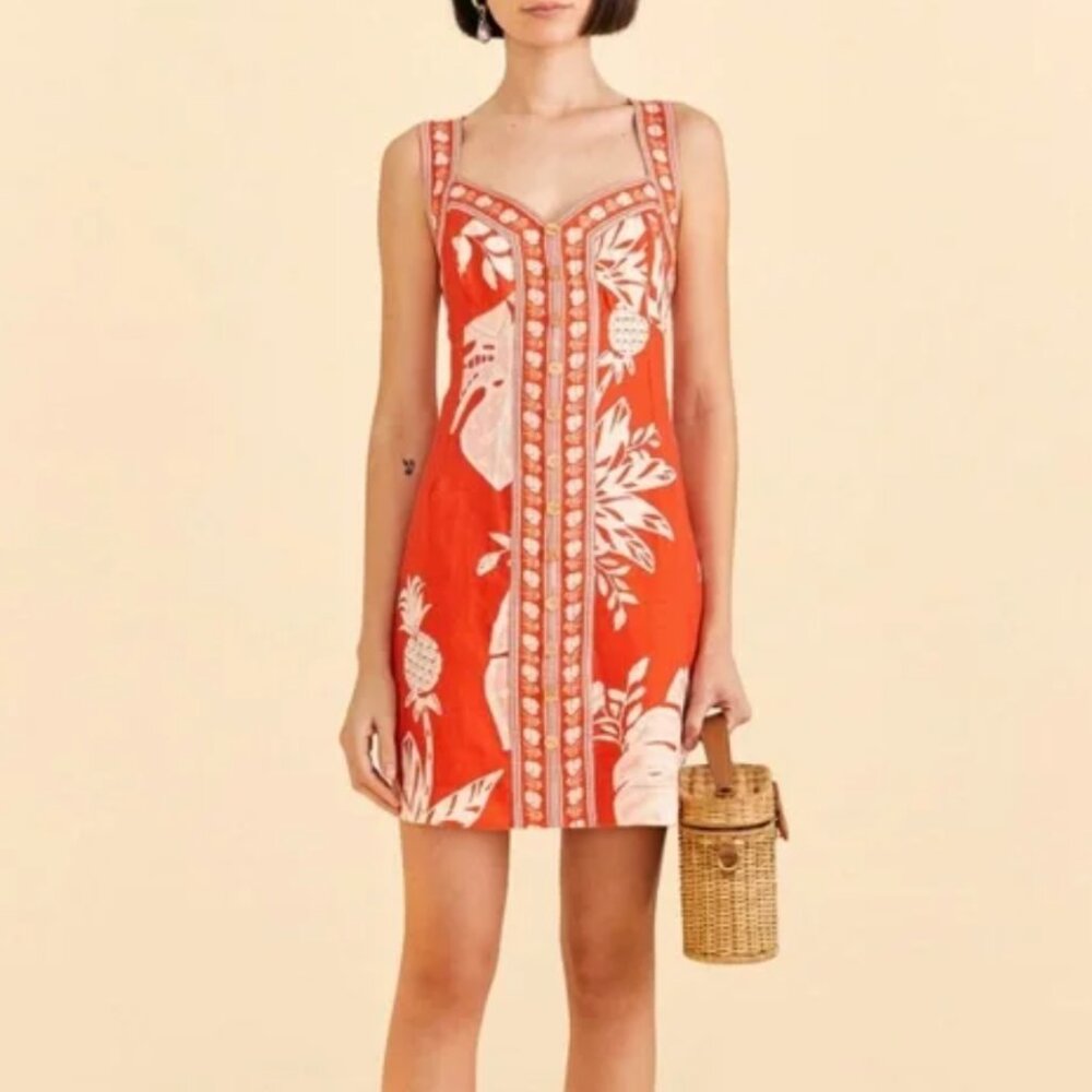 FARM Rio lace linen mini dress, orange monsteras